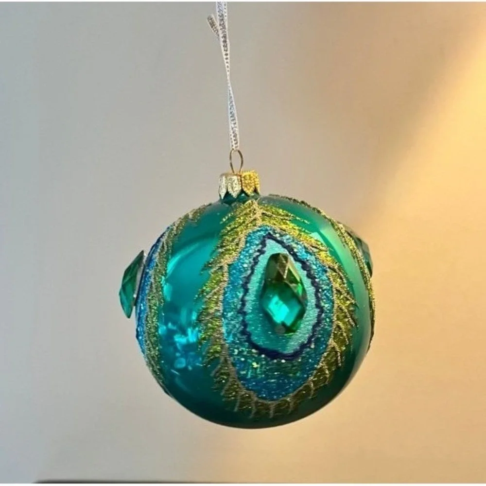 Teal Peacock Feather Glass Christmas Ornament Jeweled Glitter 4.5